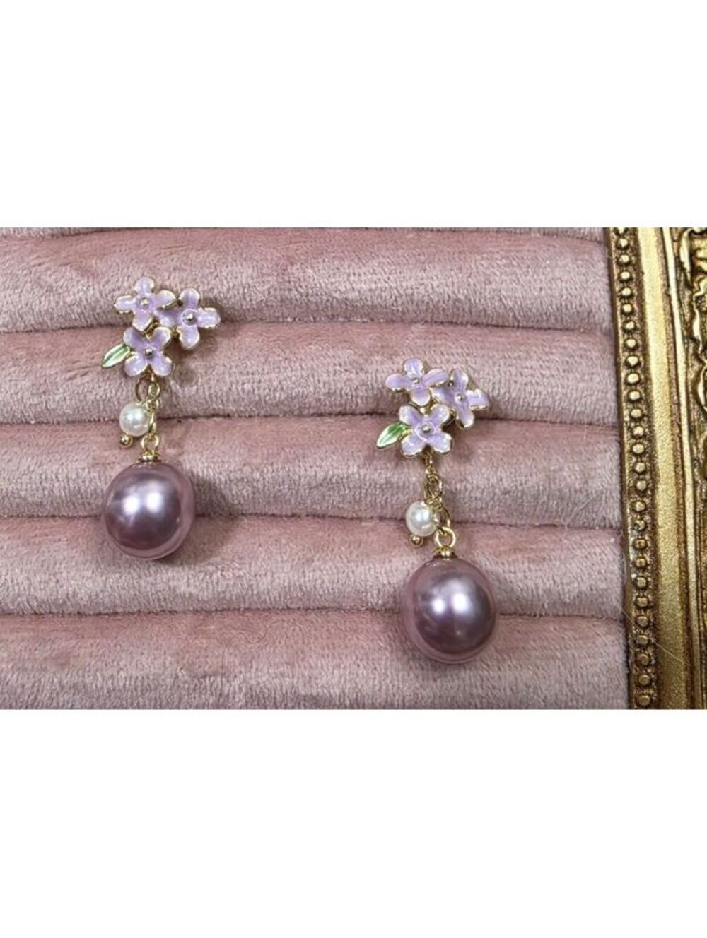 Elegant Purple Faux Pearl Drop Earrings with Floral Detail